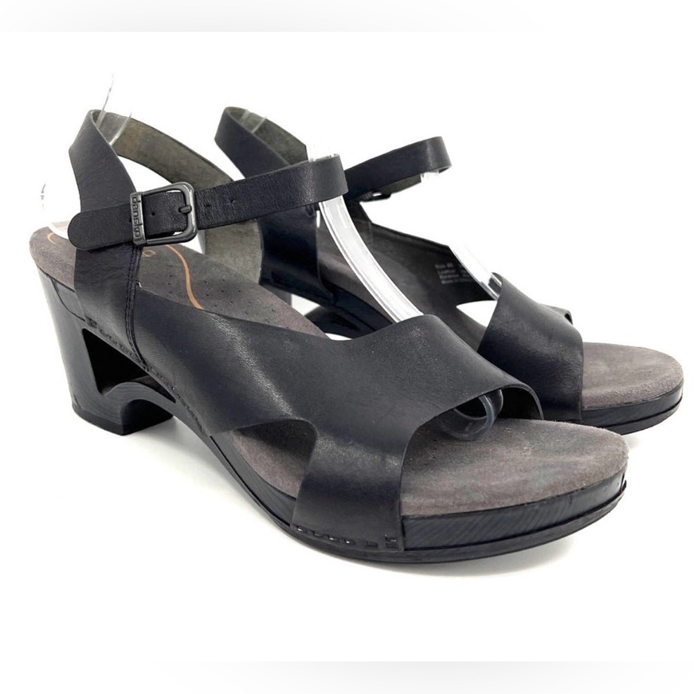 Dansko Tasha Black Leather Strappy Heel Clog Sandals